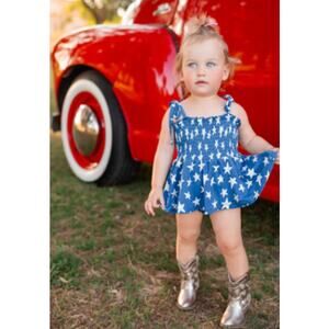 In My Jammers Smocked Twirl Romper Bodysuit Dress in Navy Stars - Size 3-6 Month